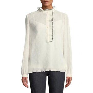 TORY BURCH Womens 12 Ivory Crinkled Blouse Deneuve Ruffle Trim Shirt